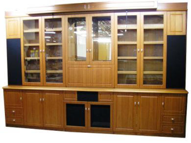 607-0606a Custom designed large wall unit with bookshelves and cocktail cabinet